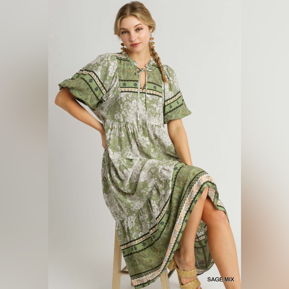 Umgee NWT Boutique Boho Hippy Floral Print Dress S - L SAGE greenBohemian Gypsy - Picture 6 of 10